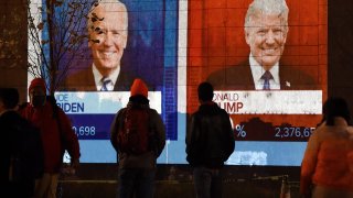 People watch a big screen displaying the live election results in Florida at Black Lives Matter plaza across from the White House on election day in Washington, DC on November 3, 2020.