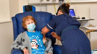 Margaret Keenan, 90, is the first patient in the United Kingdom to receive the Pfizer/BioNtech covid-19 vaccine at University Hospital, Coventry.