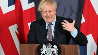 Britain’s Prime Minister Boris Johnson holds a remote press conference to update the nation on the post-Brexit trade agreement, inside 10 Downing Street in central London on December 24, 2020.
