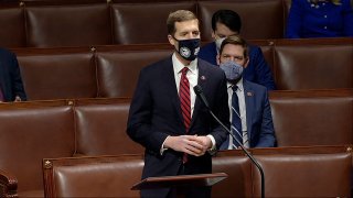 In this image from video, Rep. Conor Lamb, D-Pa., speaks as the House debates the objection to confirm the Electoral College vote from Pennsylvania, at the U.S. Capitol early Thursday, Jan. 7, 2021. (House Television via AP)