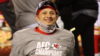Patrick Mahomes #15 of the Kansas City Chiefs reacts after defeating the Buffalo Bills 38-24 in the AFC Championship game at Arrowhead Stadium on January 24, 2021, in Kansas City, Missouri.