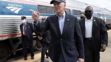 Democratic U.S. presidential nominee Joe Biden gestures during a campaign stop at Alliance Amtrak Station September 30, 2020 in Alliance, Ohio. Former Vice President Biden continues to campaign for the upcoming presidential election today on a day-long train tour with stops in Ohio and Pennsylvania.  (Photo by Alex Wong/Getty Images)