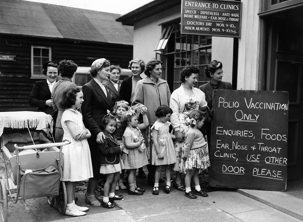 6th May 1956:  First injections for children against polio at a clinic in Hendon, Middlesex County, England.  (Photo by Monty Fresco Jnr/Topical Press Agency/Getty Images)