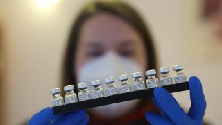 A vaccination tray of Pfizer BioNtech vaccines.