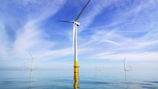 Wind turbines in waters off the coast of Kent, England.
