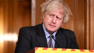 British Prime Minister Boris Johnson during a televised press conference at 10 Downing Street on February 22, 2021 in London, England.