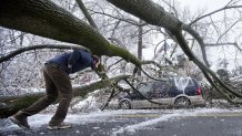 In this Feb. 5, 2014, a man inspects an ice covered downed tree that took out a utility line and landed atop a minivan, after a winter storm in Philadelphia.
