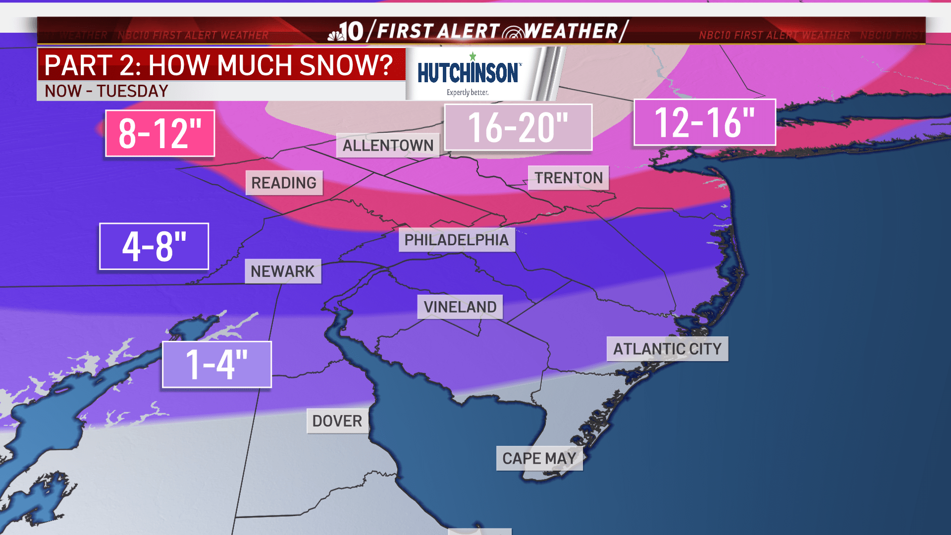 A map showing that vast difference of expected snow totals in the Philadelphia region.