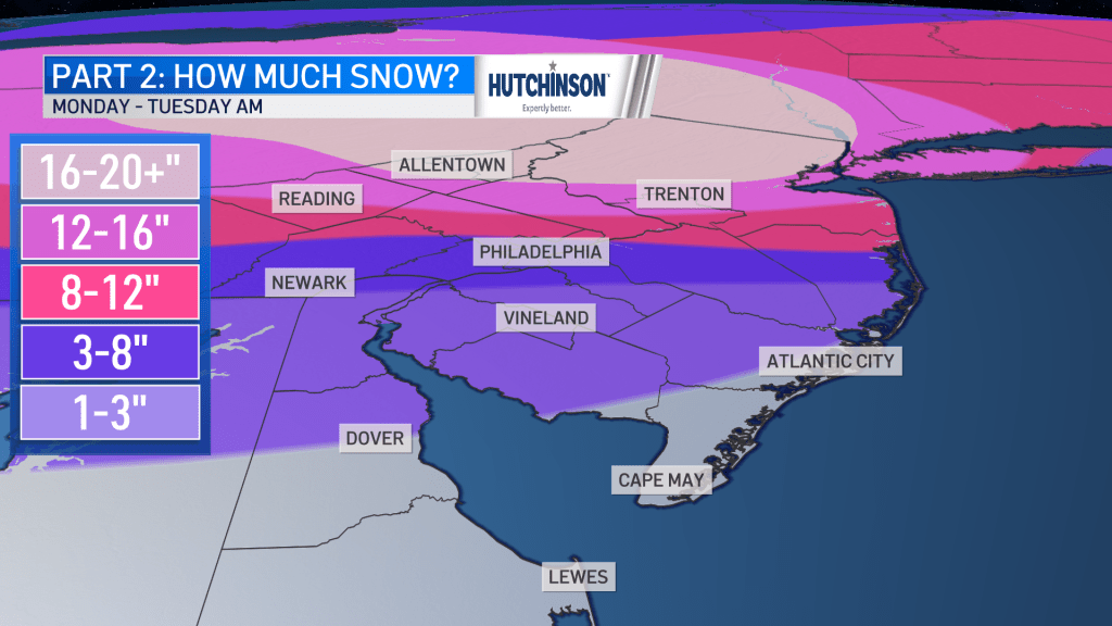 Map showing snowfall estimates in the Philadelphia region.