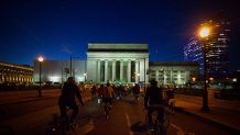 Cyclist pass 30th Street Station during a protest bike ride through Center City in Philadelphia, PA, on Feb. 17, 2017. The cyclist rode in protest of the Trump-presidency and the current political climate in the United States. (Photo by Bastiaan Slabbers/NurPhoto via Getty Images)