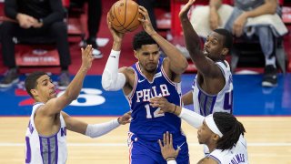 Tobias Harris of the Sixers controls the ball against the Kings.