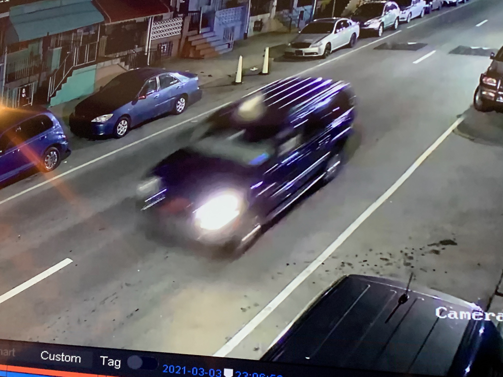 Surveillance image of a blue SUV that Philadelphia police say struck and killed a man on North 2nd Street on March 3, 2021