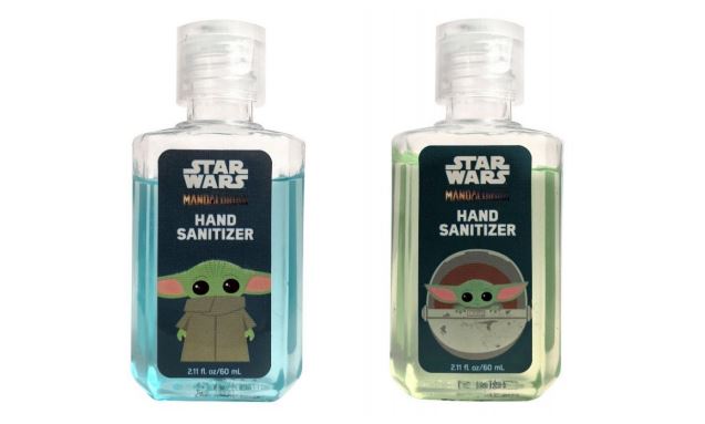 Figure 1. Hand sanitizer products “H066” on the left, and “H067” on the right.
H066 contains blue coloring in the formulation and a product label containing
trademarks of “STAR WARS” and “Mandalorian” and presumably a depiction of
a Star Wars character. H067 contains green coloring in the formulation and a
product label containing trademarks of “STAR WARS” and “Mandalorian” and
presumably a depiction of a Star Wars character.