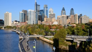 View on the Center City skyline as seen from the South Street Bridge, in Philadelphia, PA, on October 23, 2019.