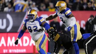 CALGARY, AB - NOVEMBER 24: Drake Nevis #92 and Jonathan Kongbo #2 of the Winnipeg Blue Bombers celebrate a sack of Dane Evans #9 of the Hamilton Tiger-Cats at McMahon Stadium on November 24, 2019 in Calgary, Canada. Winnipeg Blue Bombers defeated the Hamilton Tiger-Cats 33-12 in the 107th Grey Cup.