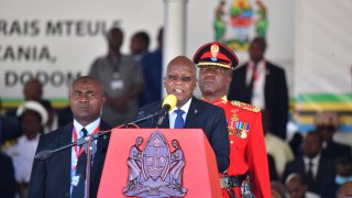 Newly re-elected Tanzania's President John Magufuli delivers a speech at the swearing-in ceremony in Dodoma, Tanzania, Nov. 5, 2020.