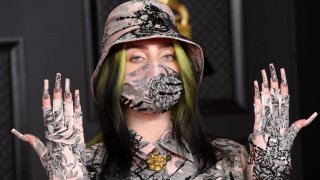 Billie Eilish arrives for the 2021 Grammy Awards.