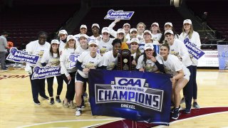 The Drexel University women's basketball team huddle together and pose for photos after a championship win.