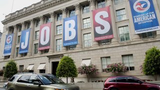 A jobs sign is seen on the U.S. Chamber of Commerce Building in Washington.