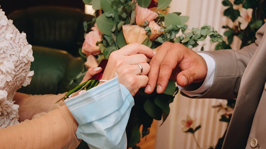 Close up of exchanging of wedding rings.