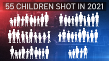 A graphic showing outlines of 55 children shot in Philadelphia so far in 2021