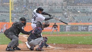 Miguel Cabrera #24 of the Detroit Tigers hits a two-run home run in the first inning of the Opening Day game against the Cleveland Indians at Comerica Park on April 1, 2021 in Detroit, Michigan.