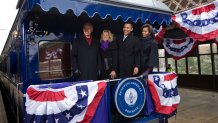 President-elect Barack Obama, his wife Michelle, Vice President-elect Joe Biden and his wife Jill board their train at a station in Wilmington, Delaware, January 17, 2009. They are on a train trip to Washington to kick off several days of inauguration festivities with Obama being sworn in as the 44th President of the United States on January 20. (Photo by Brooks Kraft LLC/Corbis via Getty Images)