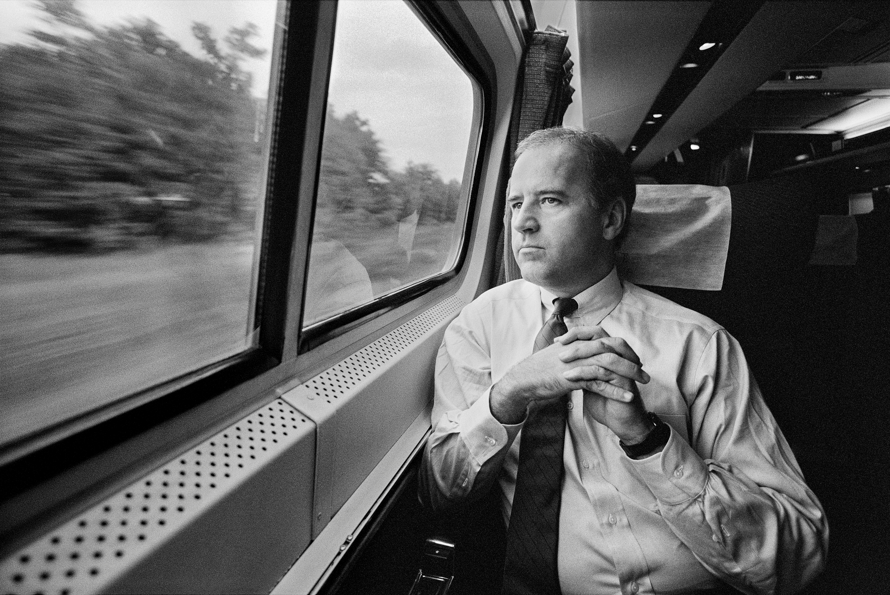 In September of 1988, then Senator Joe Biden on the metro liner to Washington DC. He was returning to work in the Senate having suffered an aneurysm, which was life threatening.  (Photo by Joe McNally/Getty Images)