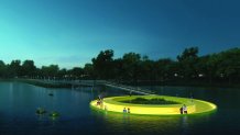 This digital rendering shows people walk atop an art installation at dusk. The installation, called the "FloatLab," is illuminated as it rests on the Schuylkill River.