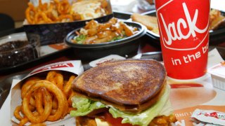 A selection of food that is on the menu at the Jack in the Box on Campus Drive in Irvine, Calif.