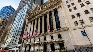 A view of the New York Stock Exchange Building on Wall Street in Downtown Manhattan in New York City.