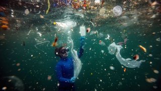 Turkish world record-holder free-diver and divers of the Underwater Federation Sahika Encumen dives amid plastic waste in Ortakoy coastline to observe the life and pollution of Bosphorus in Istanbul, Turkey on June 27, 2020.