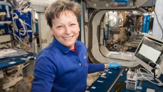 NASA astronaut Peggy Whitson working onboard the International Space Station in August 2017.