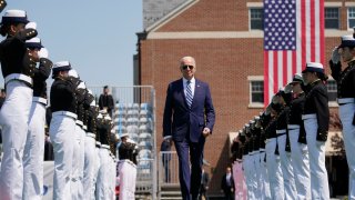 President Joe Biden arrives to speak at the commencement for the United States Coast Guard Academy in New London, Conn., Wednesday, May 19, 2021.