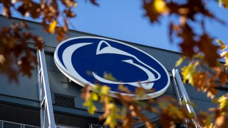 A general view of the Nittany Lion logo on the outside of Beaver Stadium