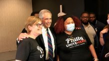 Philadelphia District Attorney Larry Krasner celebrated with supporters after declaring victory in his re-election bid, May 18, 2021.