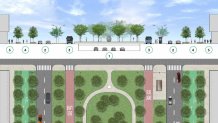 Cross-section and aerial view of Alternative 1 “Partially Capped Expressway”