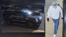 Left: a black Escalade Cadillac. Right: A man wearing a ski mask, gray hoodie and jeans.