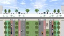 Cross-section and aerial view of Alternative 2 “Neighborhood Boulevard