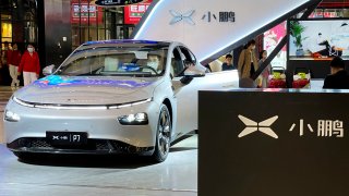 A XPeng Motor P7 electric vehicle is displayed for sale at Wanda Plaza on May 9, 2021 in Beijing, China.