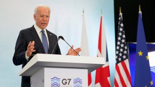 President Joe Biden speaks during a news conference after attending the G-7 summit