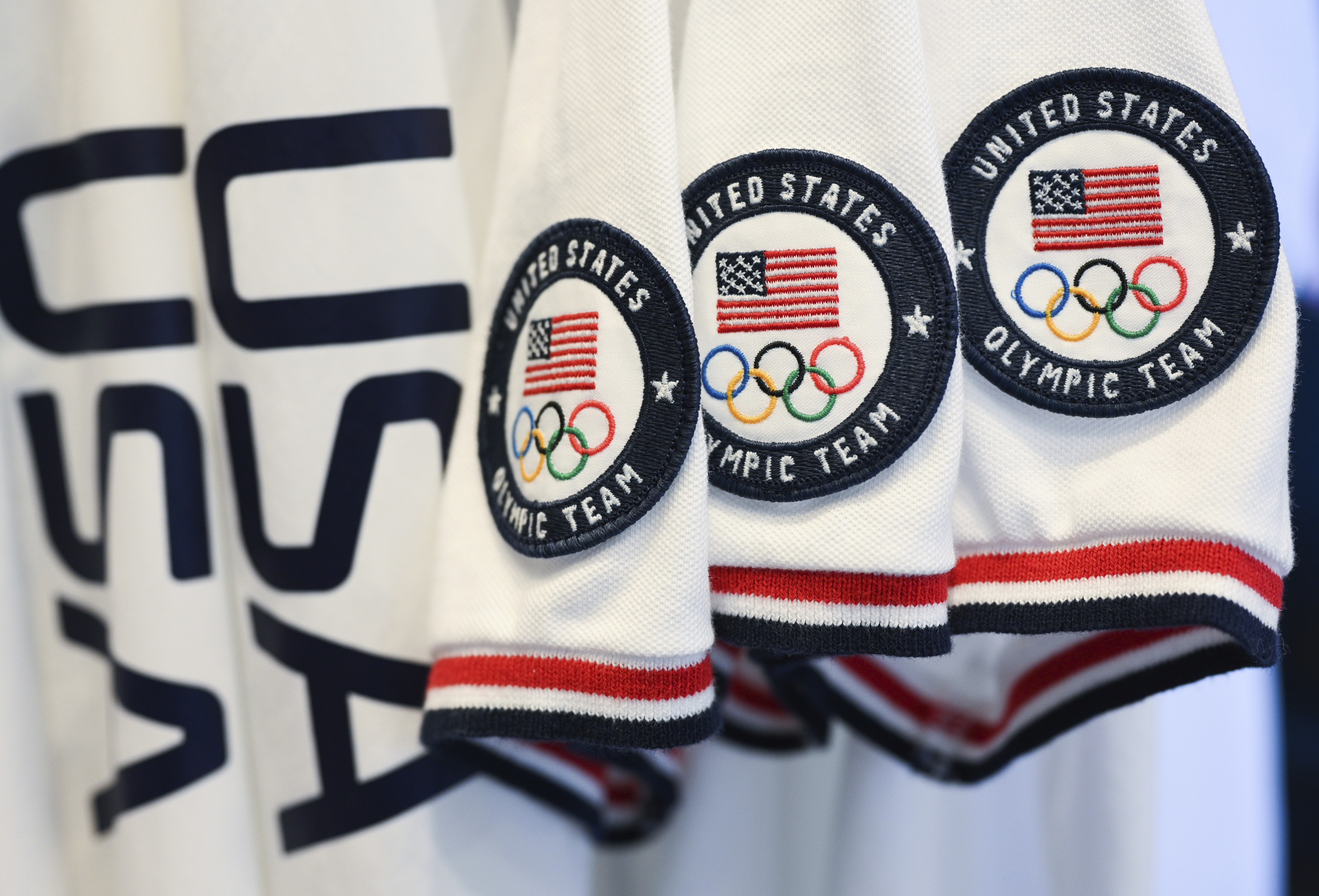 Team USA Tokyo Olympic closing ceremony uniforms are displayed during the unveiling at the Ralph Lauren SoHo Store on April 13, 2021, in New York City.