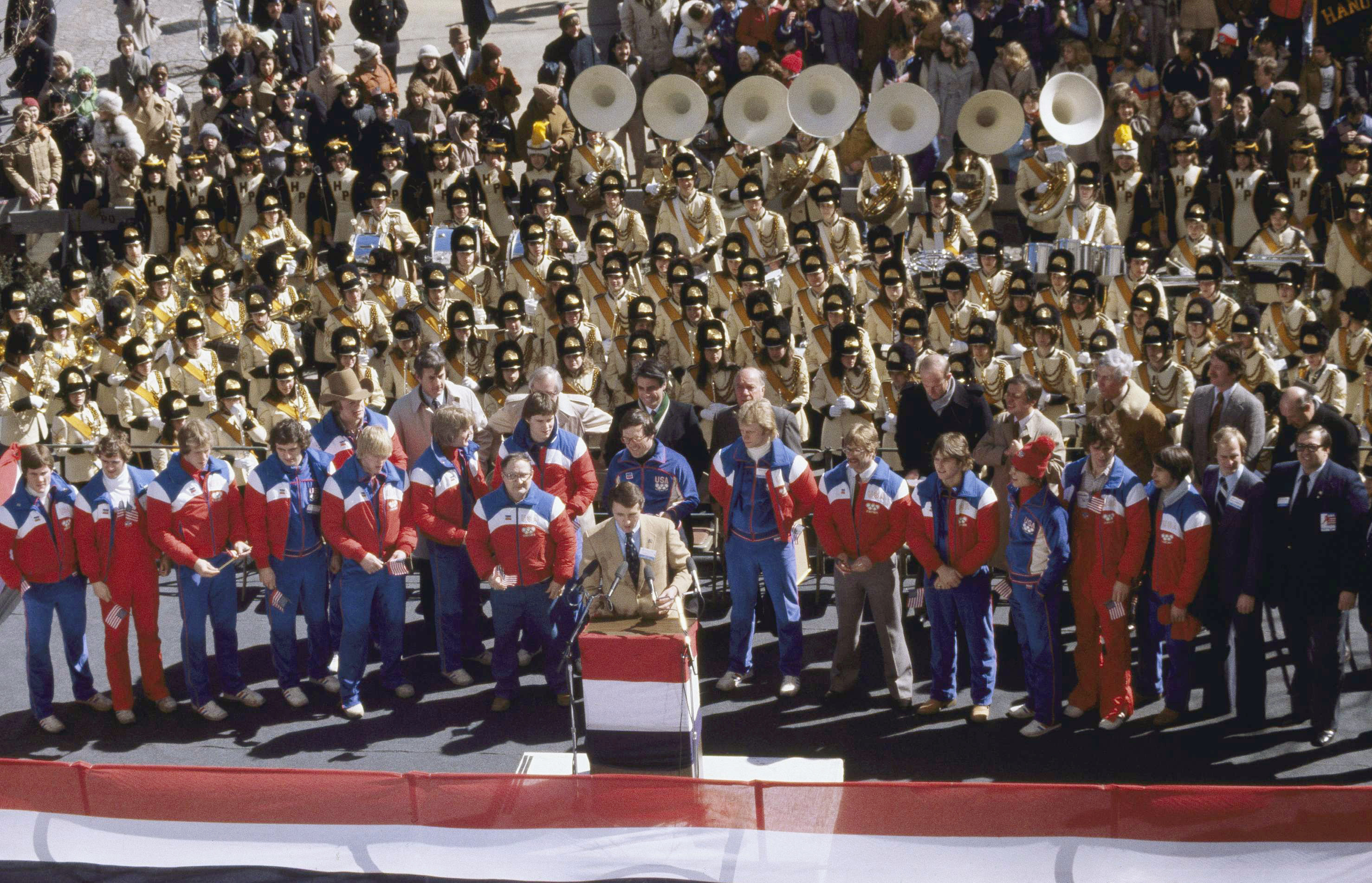 The U.S. Olympic hockey team gathered in New York's Grand Army Plaza on March 3, 1980.