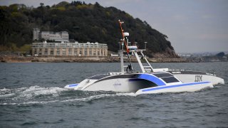 The Mayflower 400 autonomous trimaran is pictured during a sea trial in Plymouth, England, on April 27, 2021.