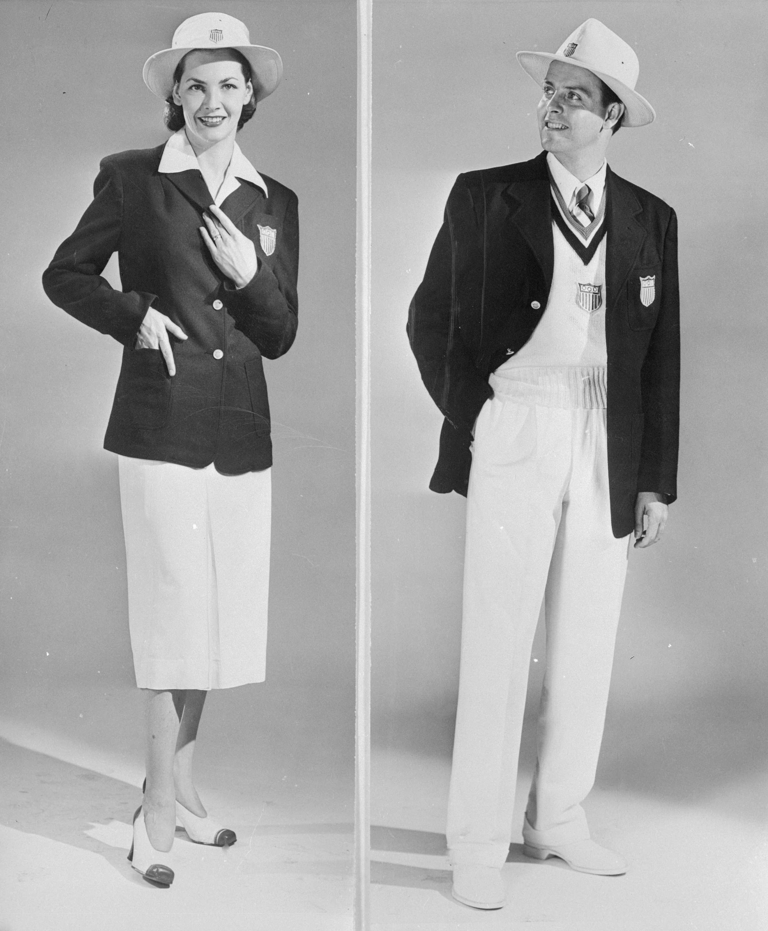 Here are the official uniforms that will be worn by the men and women of the U.S. Olympic teams when the 1948 Olympiad opens in England.