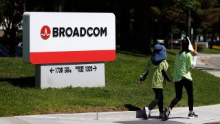 A sign is posted in front of a Broadcom office on June 03, 2021 in San Jose, California.