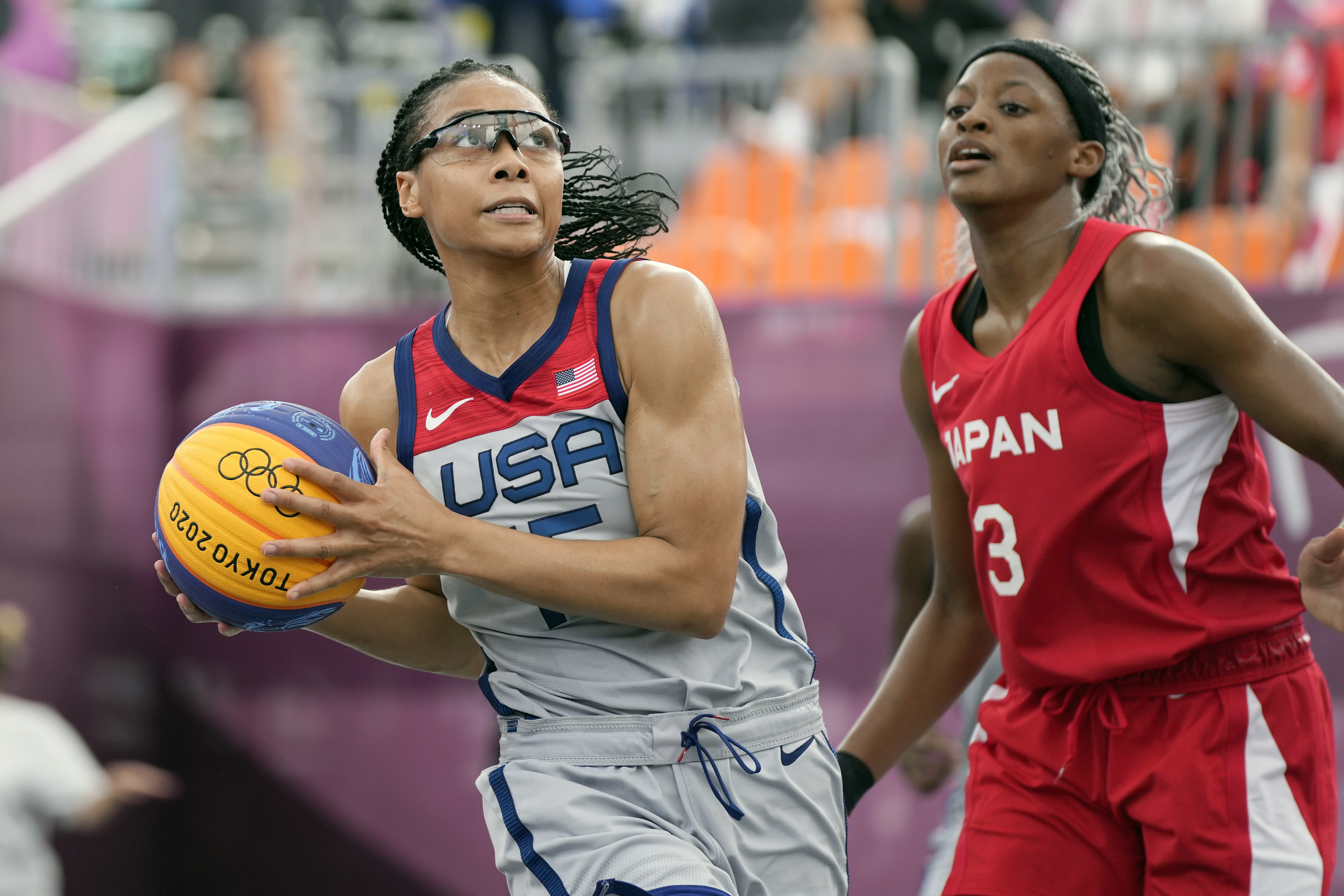 United States' Allisha Gray heads to the basket past Japan's Stephanie Mawuli (3) during a women's 3-on-3 basketball game at the 2020 Summer Olympics, Tuesday, July 27, 2021, in Tokyo, Japan.