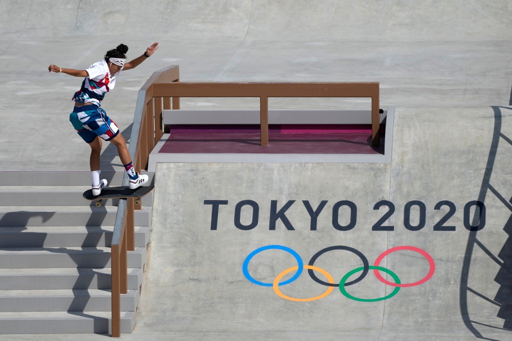 Mariah Duran of the United States competes in the women's street skateboarding finals at the 2020 Summer Olympics, Monday, July 26, 2021, in Tokyo, Japan.