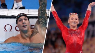 Left: Caeleb Dressel of Team United States celebrates winning the gold medal in the Men's 100m Butterfly Final at Tokyo Aquatics Centre on July 31, 2021, in Tokyo, Japan. Right: Mykayla Skinner of Team United States reacts after competing on balance beam