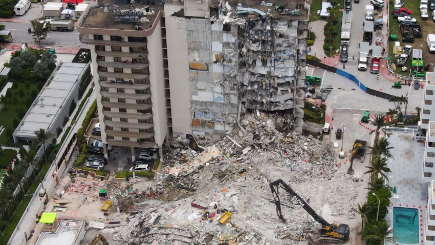 SURFSIDE, FLORIDA, USA – JULY 1: An aerial view of the site during a rescue operation of the Champlain Tower partially collapsed in Surfside, Florida, United States, on July 1, 2021. (Photo by Tayfun Coskun/Anadolu Agency via Getty Images)